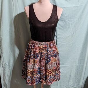 🆕NWT BCNU FAUX LEATHER TOP, FULLY LINED COLORFUL GEOMETRIC PRINT SKIRT DRESS M